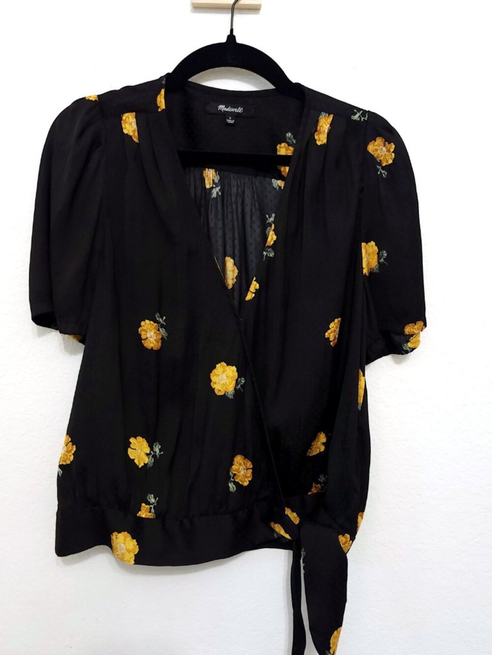 Madewell Black Wrap Top Yellow Floral Swiss Dot Tie Waist Sz S